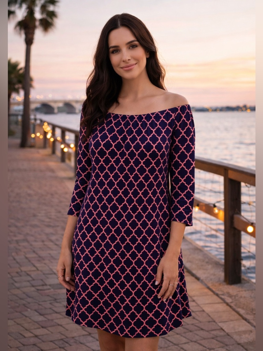 Boho Style Dress with Pink and Navy Pattern